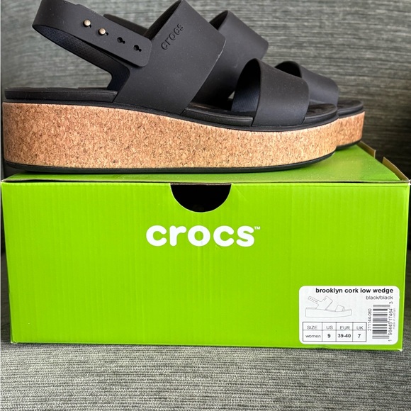 CROCS Women's Black Cork Low Wedge Sandals - Picture 2 of 6